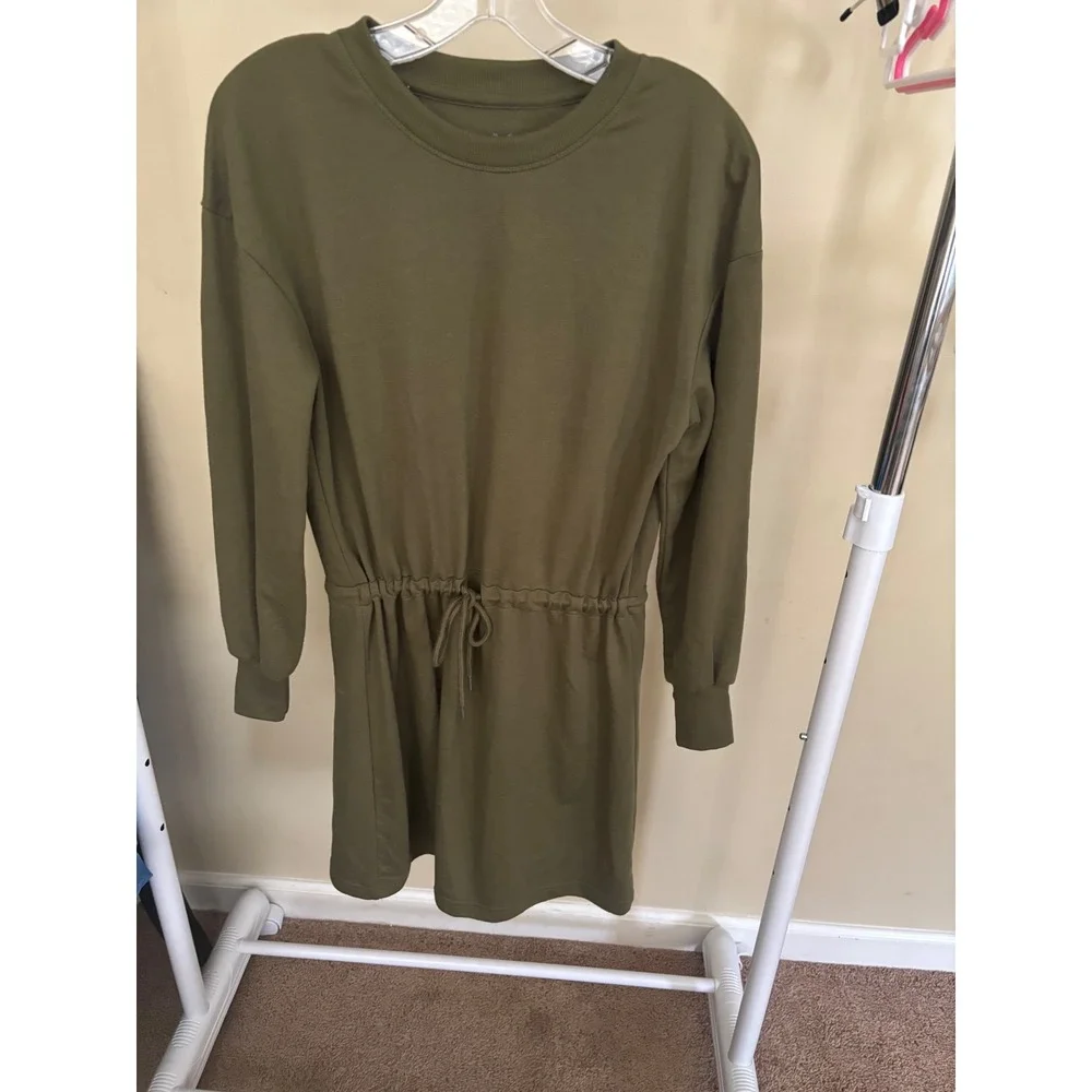 Yarn & Sea Olive Green Drawstring Waist Sweatshirt‎ Dress XS Long Sleeve Mini